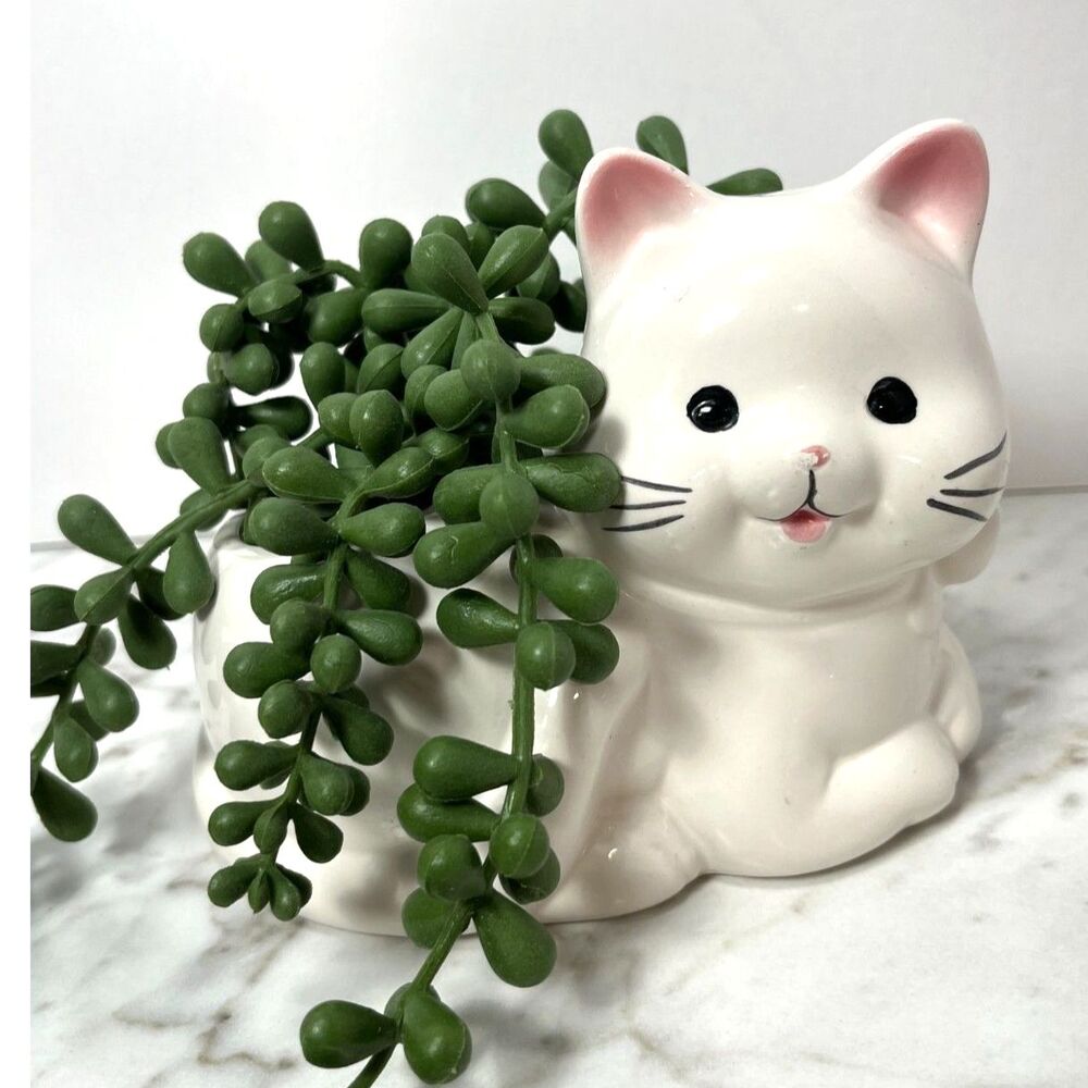 Kitty Cat Ceramic Planter White and Pink 4" Tall Succulent Indoor Decor